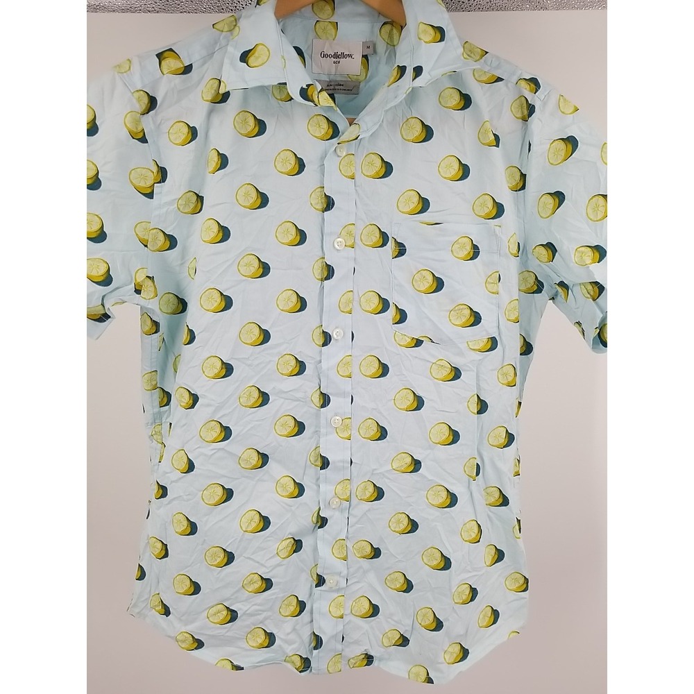 Goodfellow Mens Slim Fit Short Sleeve Button Up Shirt Lemon Print Blue Medium